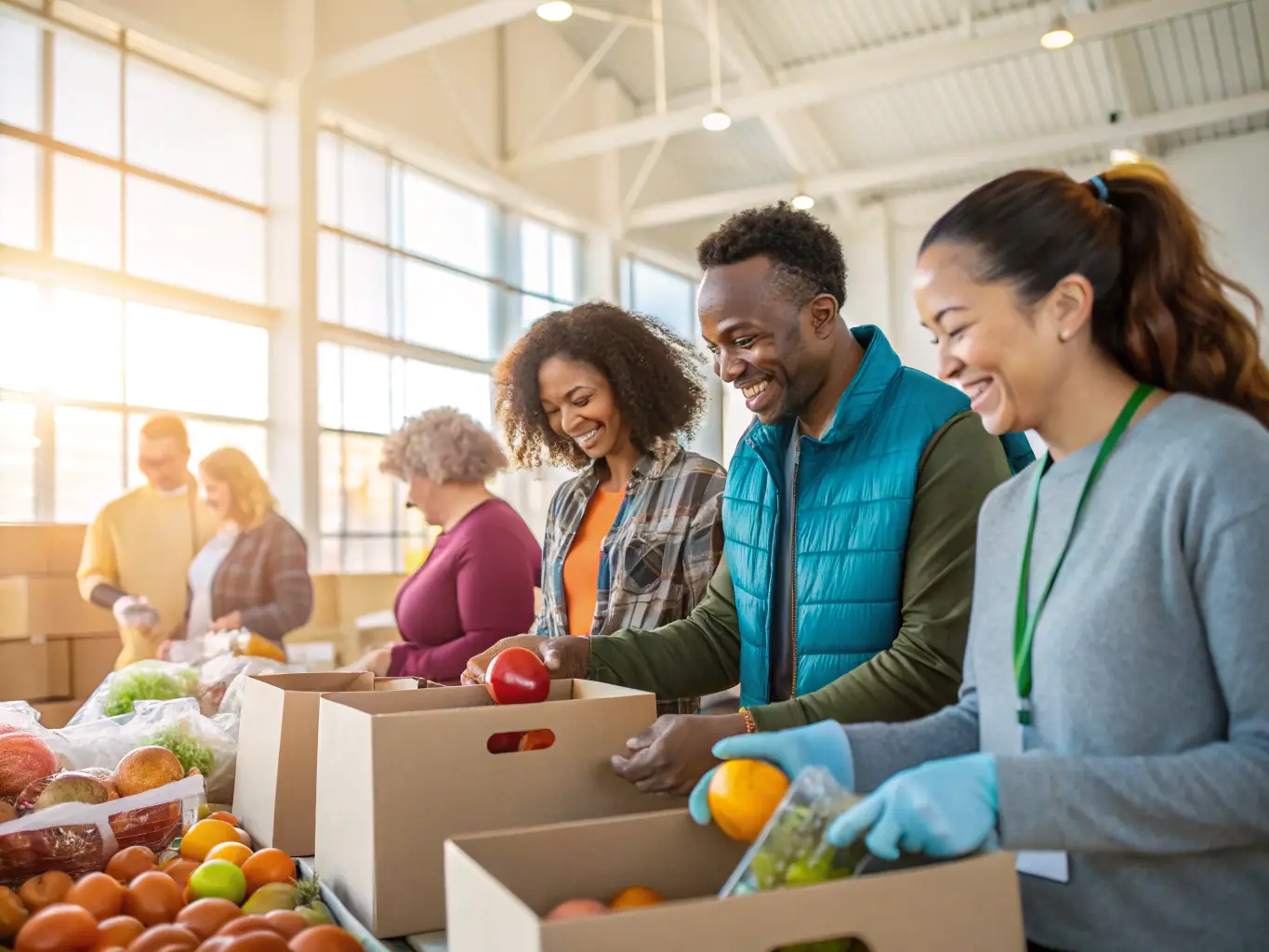 A photograph of volunteers and staff members packing and distributing meal boxes to elderly retirees. The image conveys a sense of care and community support.