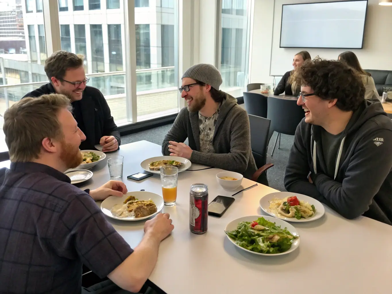 A photograph depicting a diverse group of public sector employees enjoying a meal together in a modern, well-lit cafeteria setting. The atmosphere is convivial, with people engaged in conversation and laughter.