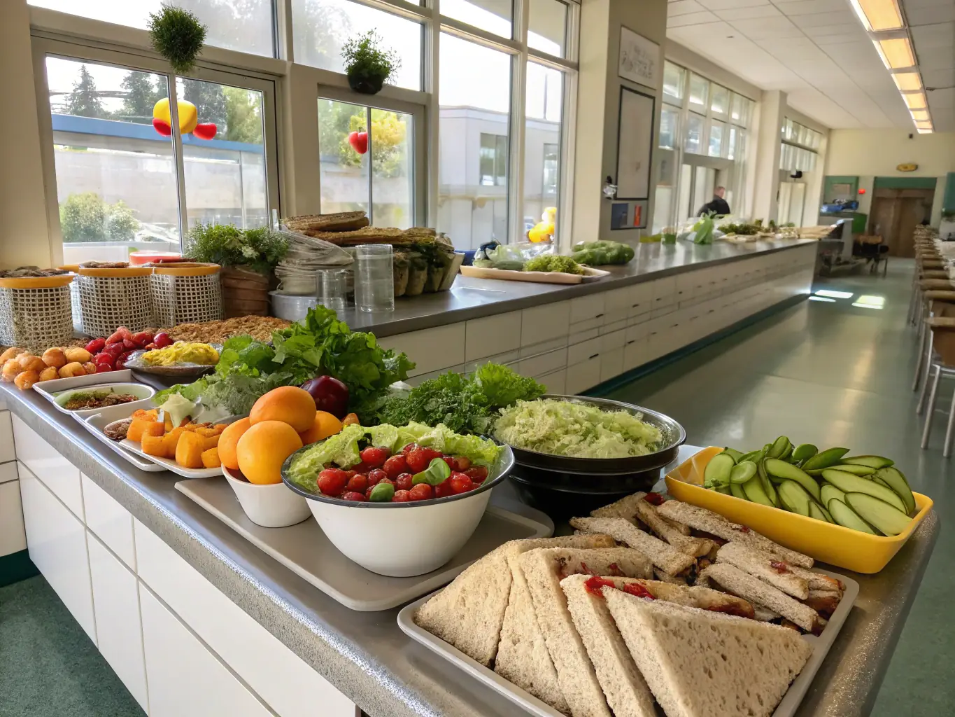 A photograph showcasing a modern and inviting cafeteria setting with diverse public sector employees enjoying a variety of healthy and balanced meal options, emphasizing the social aspect of dining together.