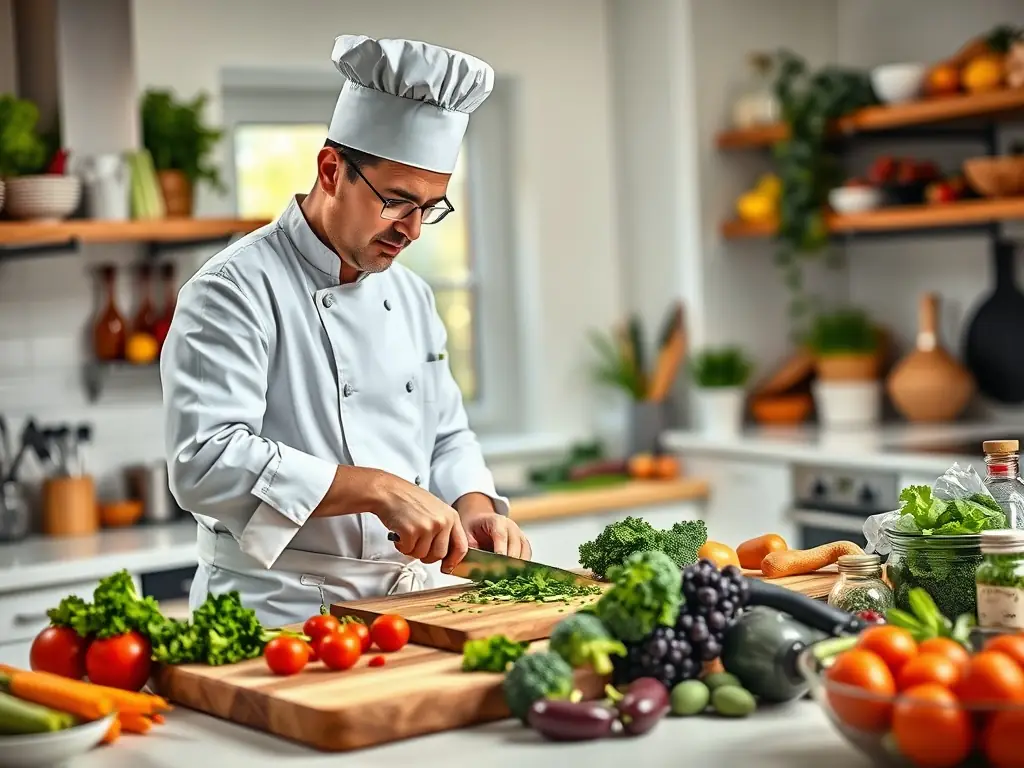A photograph showcasing a chef preparing a healthy and balanced meal in a professional kitchen. The focus is on fresh ingredients and meticulous preparation.