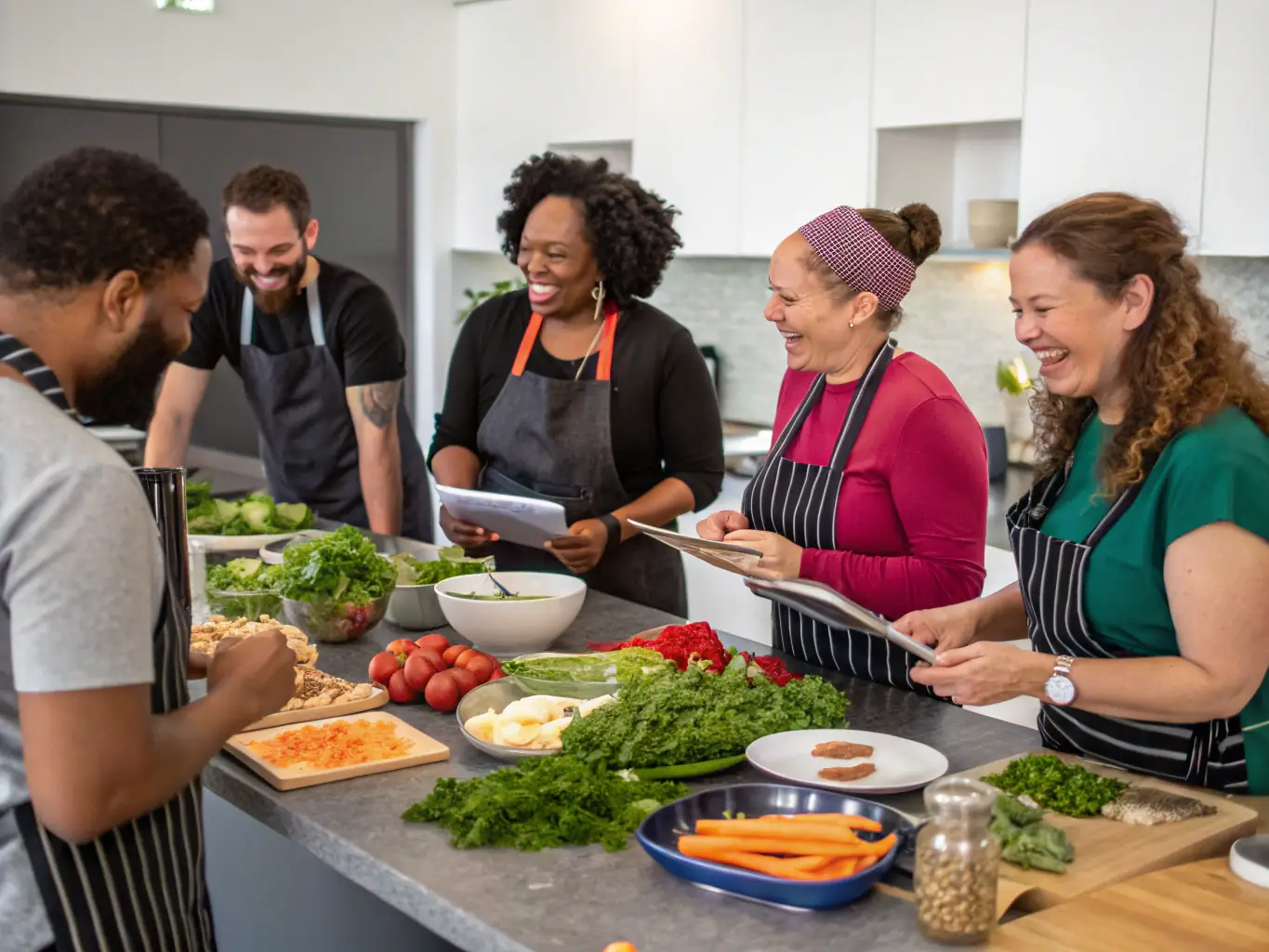 A photograph of a cooking workshop where participants are learning to prepare healthy meals, emphasizing the educational and engaging activities offered by the association.