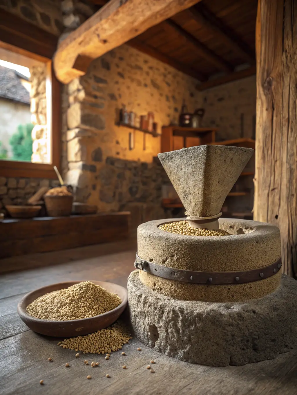 An expert demonstrating traditional milling techniques, emphasizing the preservation of intangible cultural heritage.