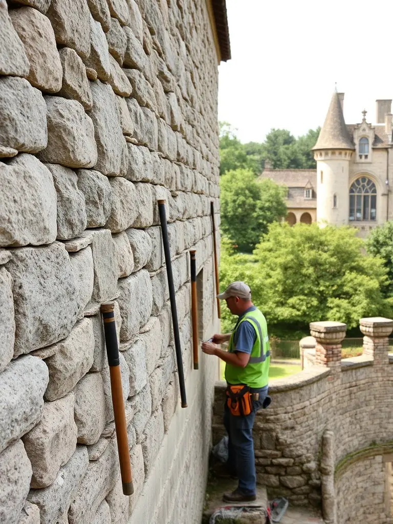 A photograph of volunteers restoring a traditional stone wall in the Bourbonnais region, showcasing the organization's commitment to preserving architectural heritage.
