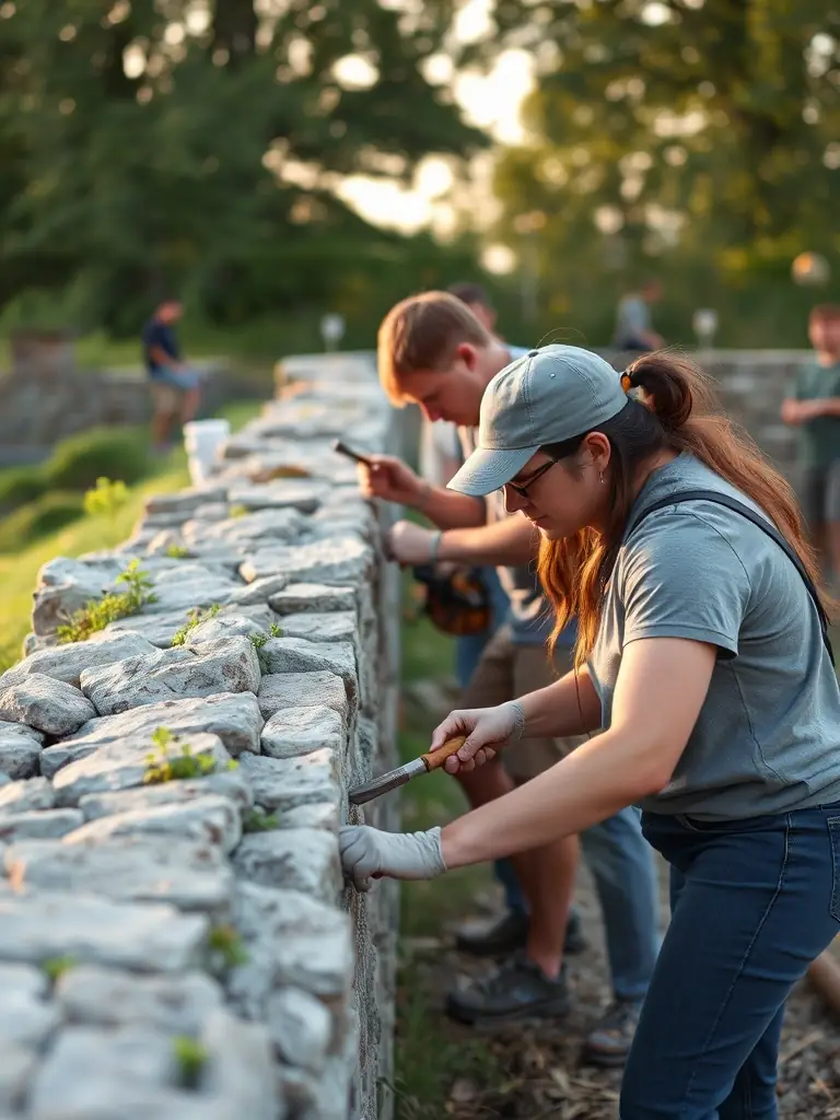A photograph of volunteers restoring a traditional stone wall in the Bourbonnais region, showcasing the organization's commitment to architectural preservation.