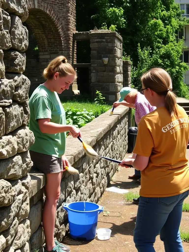 A group of volunteers restoring a traditional stone wall in the Bourbonnais region, showcasing the organization's commitment to preserving architectural heritage.