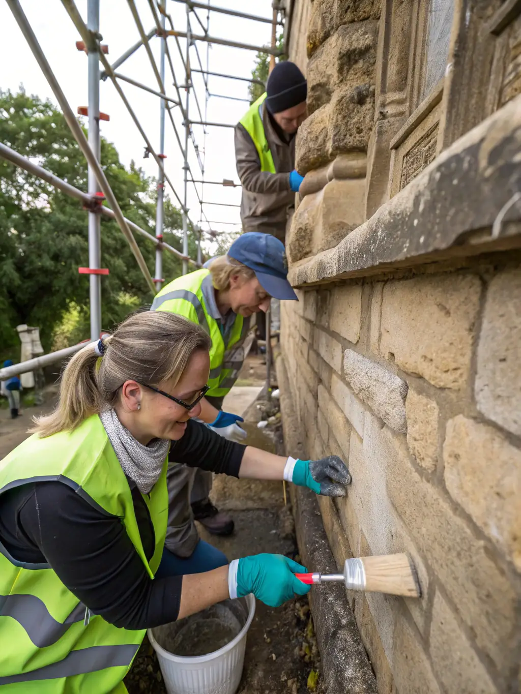 A photograph showcasing volunteers restoring a historical building facade, emphasizing the meticulous work and community involvement.